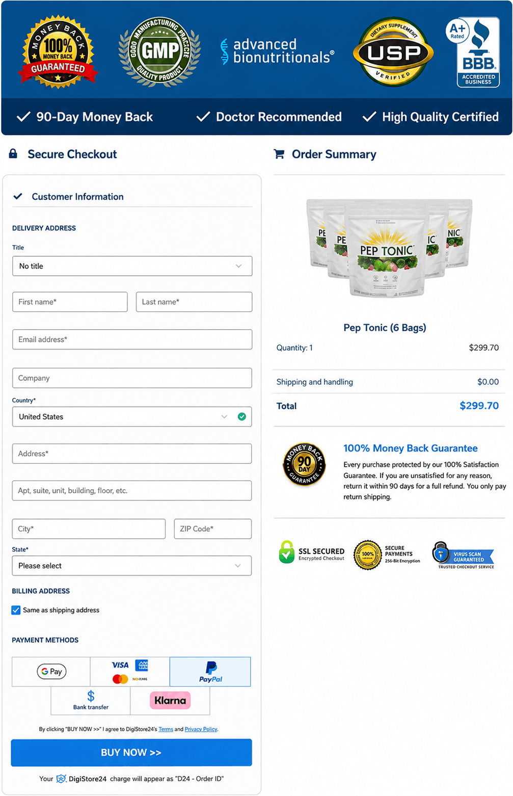 Pep Tonic secure checkout order page